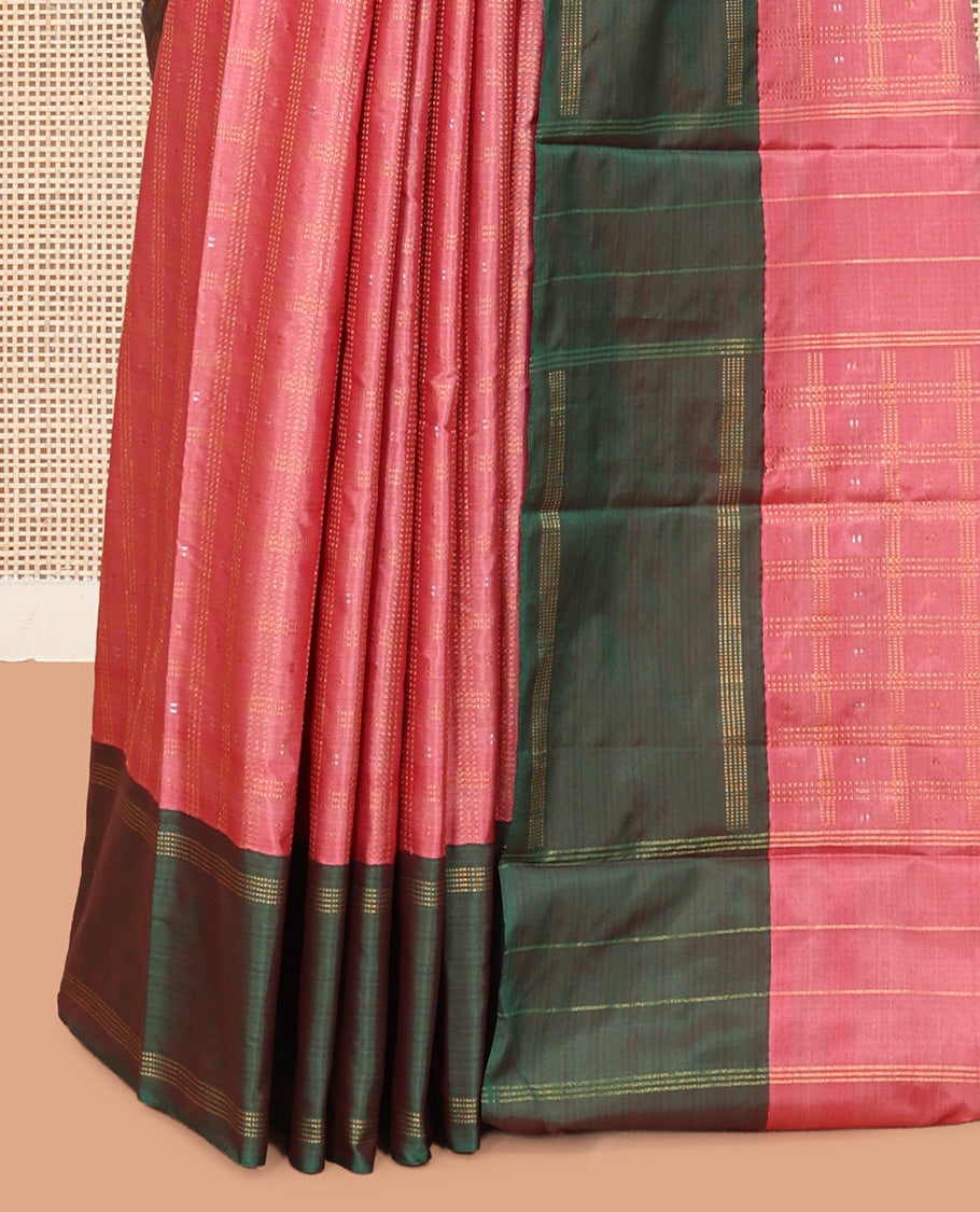 Peach Arani Saree, Subtly Sparkled with Butta Enclosed Checks, a Contrast Bodi Border, Self-Pallu, and a Matching Blouse