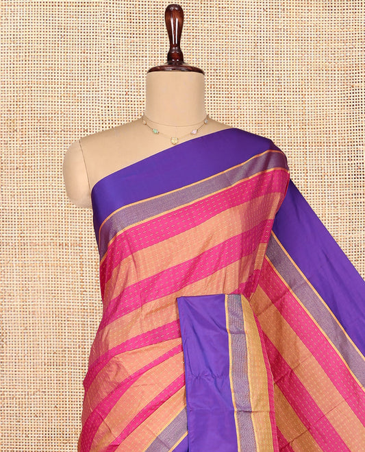 Multi-Color Striped Aarani Gift Saree, Adorned with Plus-Size Buttas All Over Its Body, Complemented by a Contrast Border, Contrast Pallu of Stripes, and Paired with a Matching Blouse