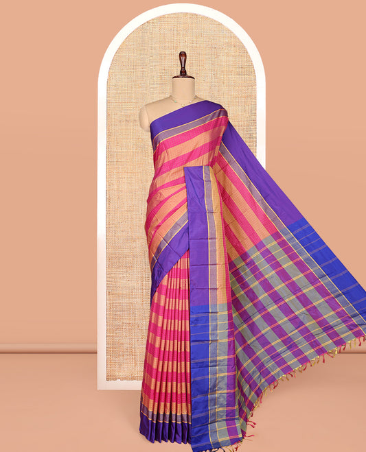 Multi-Color Striped Aarani Gift Saree, Adorned with Plus-Size Buttas All Over Its Body, Complemented by a Contrast Border, Contrast Pallu of Stripes, and Paired with a Matching Blouse