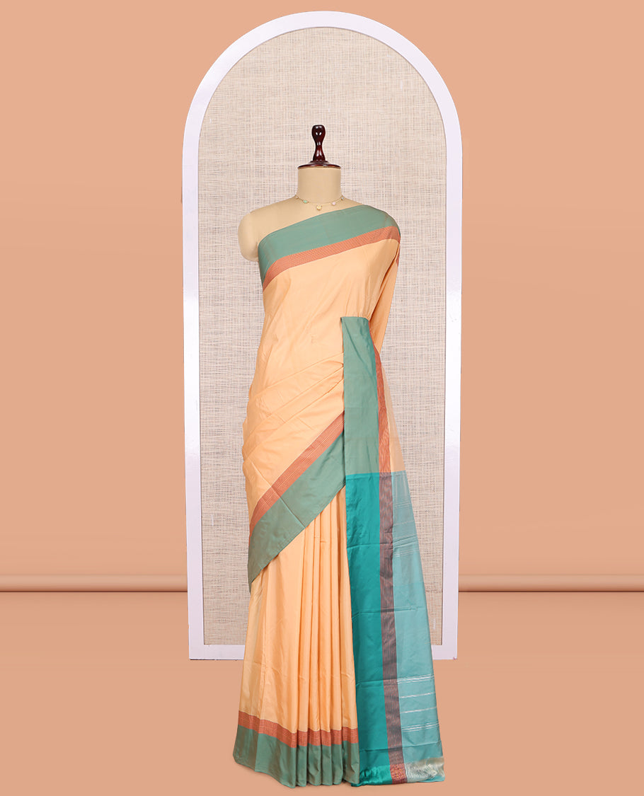 Orange Plain Arani Saree, a Contrast Border, Striped Pallu, and a Contrast Blouse