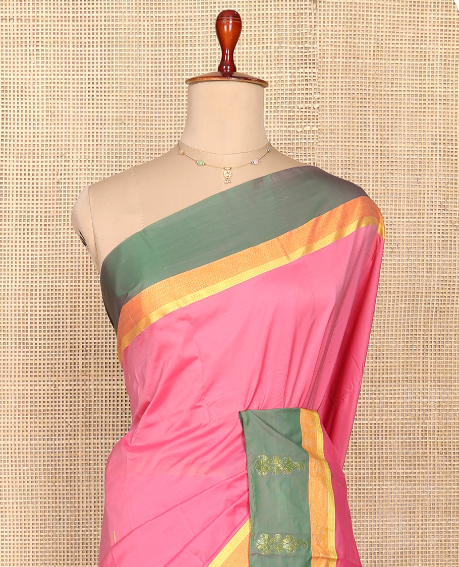 Pink Aarani Silk Saree, Embellished with Buttas on Its Body, Complemented by a Contrast Border, Pallu of Stripes and Buttas, and Paired with a Contrast Blouse
