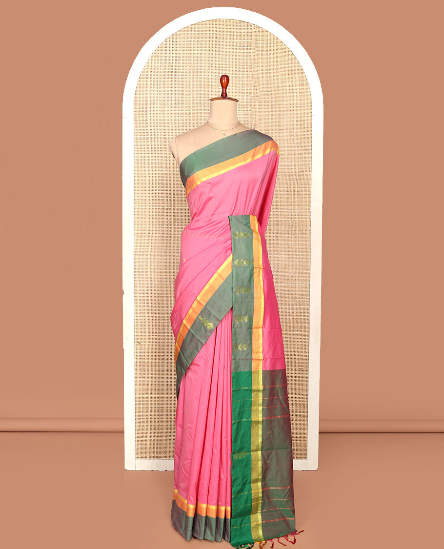 Pink Aarani Silk Saree, Embellished with Buttas on Its Body, Complemented by a Contrast Border, Pallu of Stripes and Buttas, and Paired with a Contrast Blouse