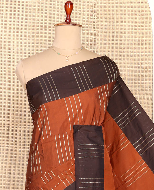 Brown Aarani Silk Saree, Subtly Enriched with Zari Stripes All Over Its Body, Complemented by a Contrast  Zari Stripes Border, Pallu of Stripes, and Paired with a Matching Blouse