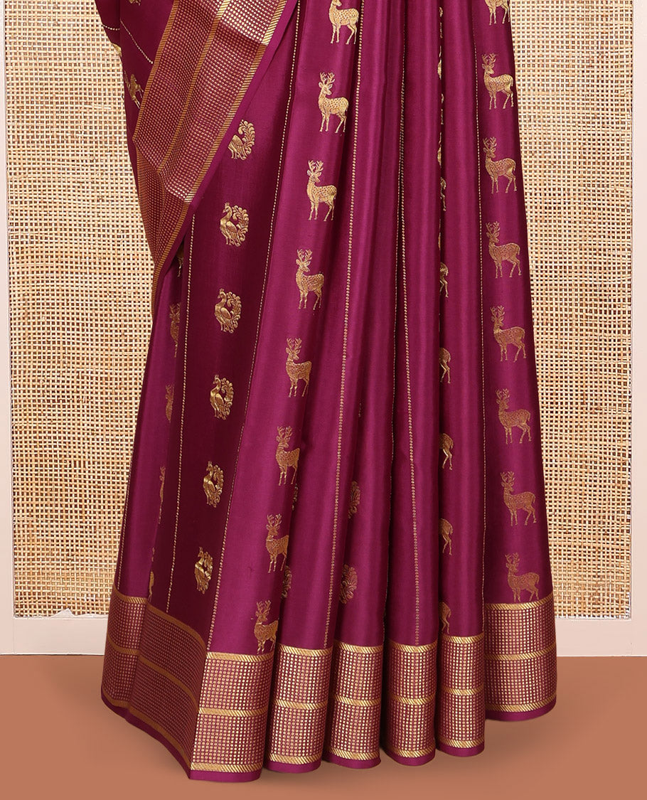 Wine Mysore Silk Saree, Opulently Embellished with Peacock-Deer Buttas and Stripes, Highlighted by a Traditional Zari Border, Grand Pallu, and a Matching Blouse