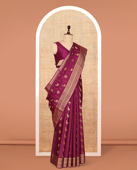 Wine Mysore Silk Saree, Opulently Embellished with Peacock-Deer Buttas and Stripes, Highlighted by a Traditional Zari Border, Grand Pallu, and a Matching Blouse