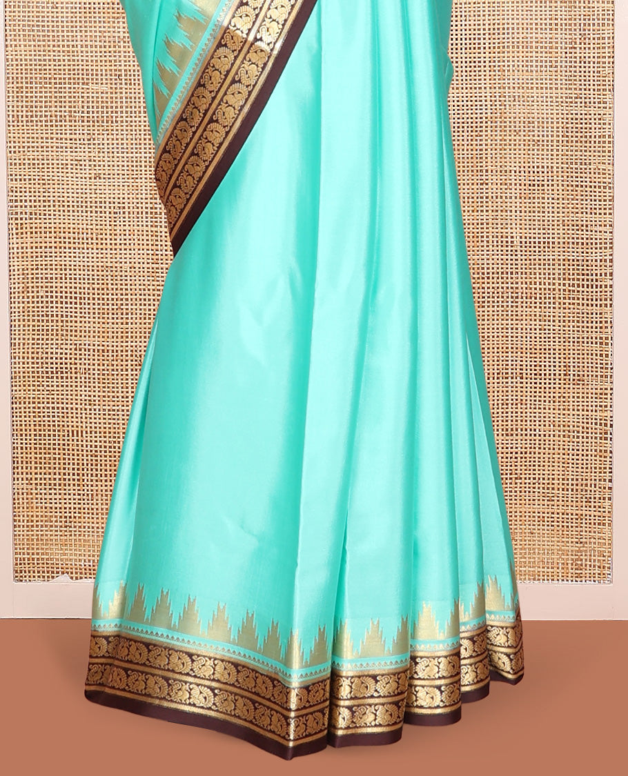 Turquoise Plain Mysore Silk Saree, Complemented by a Contrast Temple Peacock Zari Border, Zari Design Pallu, and a Contrast Blouse