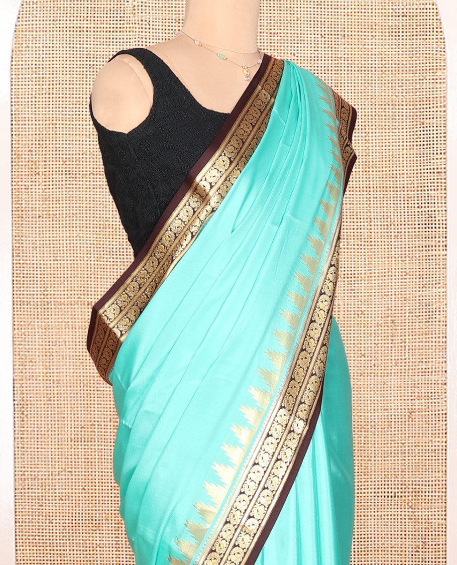 Turquoise Plain Mysore Silk Saree, Complemented by a Contrast Temple Peacock Zari Border, Zari Design Pallu, and a Contrast Blouse