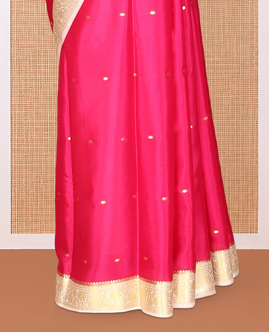 Dark Pink Zari Buttas Mysore Silk Saree, Complemented by a Contrast Floral Creeper Zari Border, Zari Design Pallu, and a Contrast Blouse