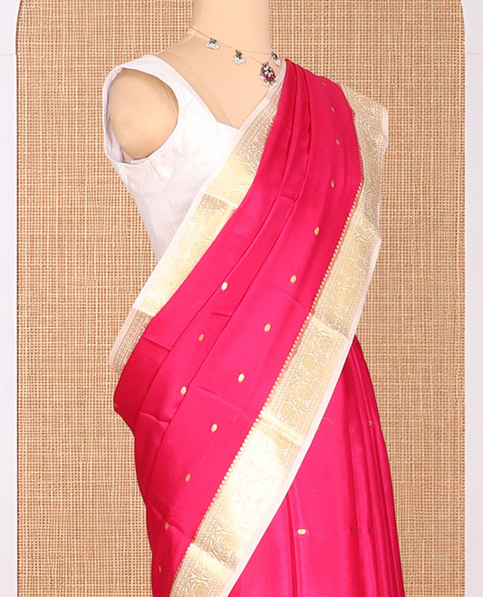 Dark Pink Zari Buttas Mysore Silk Saree, Complemented by a Contrast Floral Creeper Zari Border, Zari Design Pallu, and a Contrast Blouse