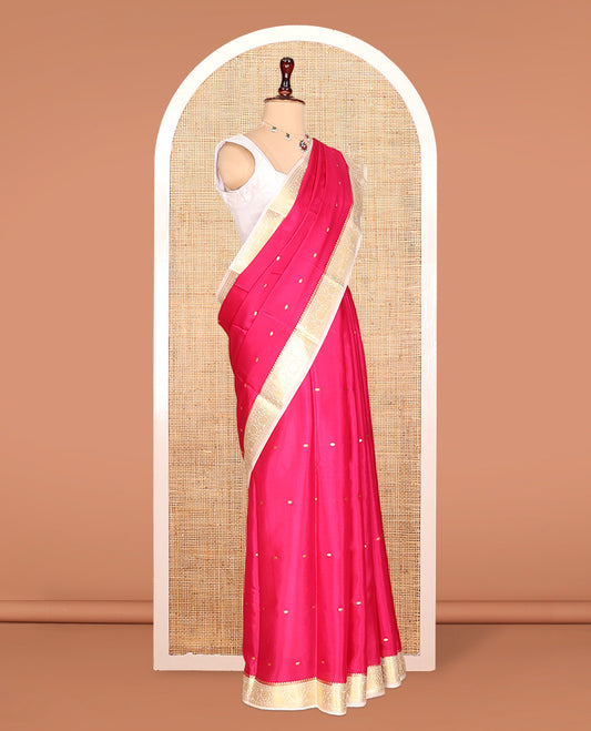 Dark Pink Zari Buttas Mysore Silk Saree, Complemented by a Contrast Floral Creeper Zari Border, Zari Design Pallu, and a Contrast Blouse