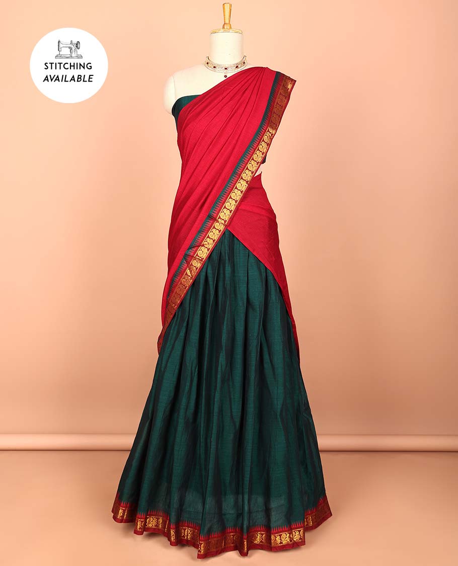 Blue cotton half saree with contrast zari border, plain blouse & plain with peacock zari border dhavani