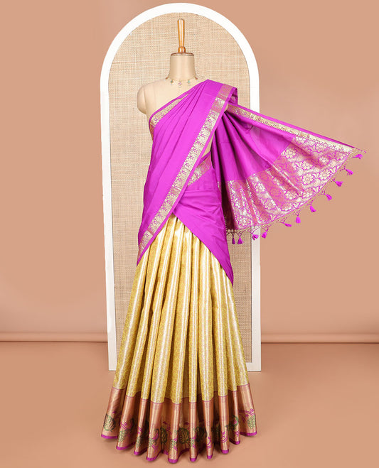 Yellow floral jaal design art sillk saree with contrast border of intricate zari designs, zari design blouse & floral design dhavani