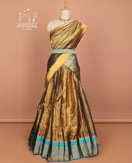 Brown zari buttas art silk half saree with contrast zari blue border, zari checked design blouse & intricate zari design dhavani