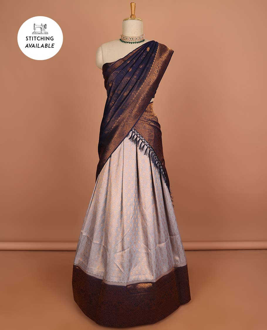 Blue buttas half sare with contrast zari border, zari design blouse & floral design dhavani