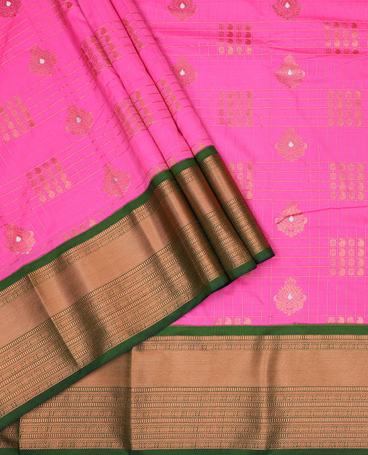 Rosemilk pink art silk pavadai material set, zari design pavadai with contrast blouse & traditional zari border
