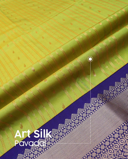 Green art silk pavadai material, zari design with contrast traditional zari border skirt, and contrast blouse