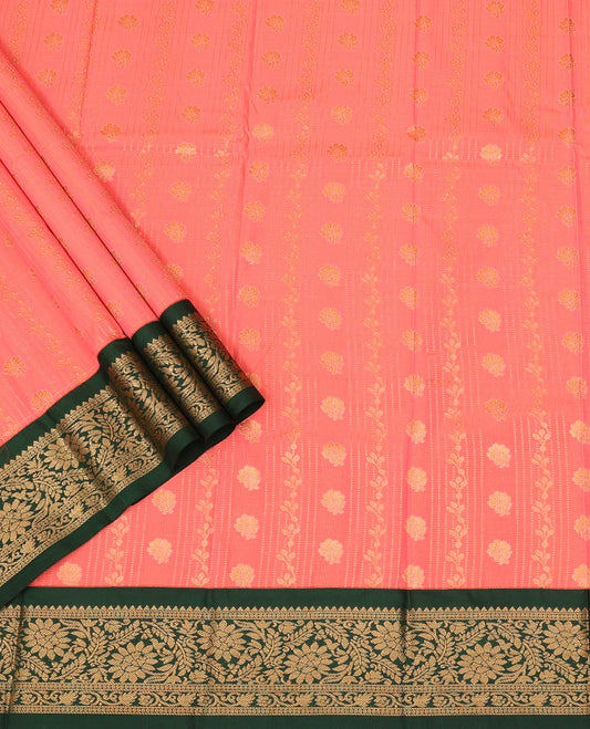 Peach Art Silk Pavadai Material Set Featuring Floral Stripes All Over the Skirt, Complemented by a Contrast Floral Zari Design Border, and Paired with a Contrast Blouse