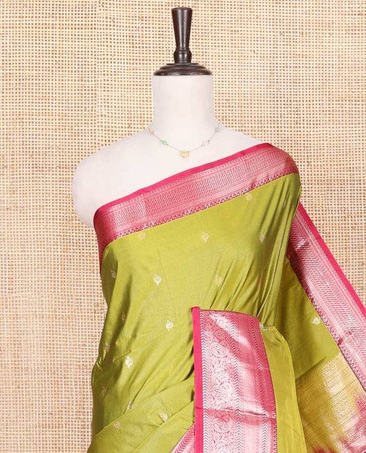 Green Budget Silk Saree, Decorated with Zari Buttas All Over Its Body, Complemented by a Contrast Traditional Zari Design Border, Grand Jaal Pallu, and Paired with a Contrast Blouse