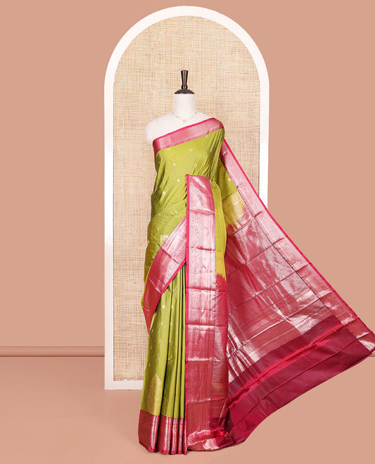 Green Budget Silk Saree, Decorated with Zari Buttas All Over Its Body, Complemented by a Contrast Traditional Zari Design Border, Grand Jaal Pallu, and Paired with a Contrast Blouse
