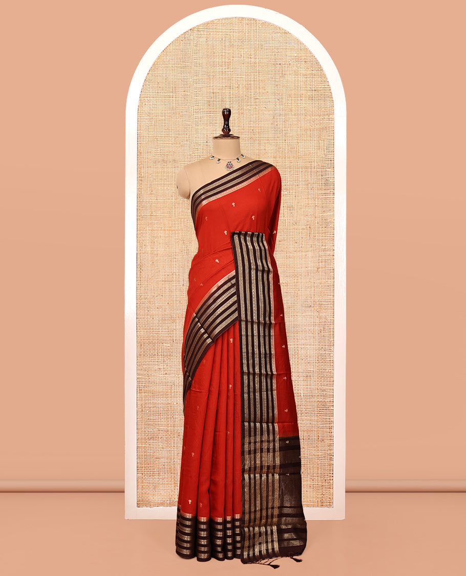 Rust Assam Silk Saree, Detailed with Zari Buttas, Complemented by a Contrast Traditional Zari Border, Striped Pallu, and a Contrast Blouse