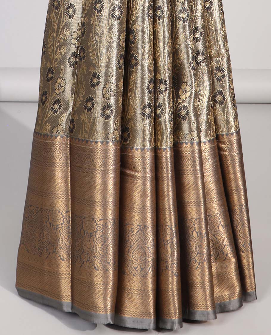 Grey floral jacquard budget silk saree with contrast floral zari border & paisley, floral zari design pallu