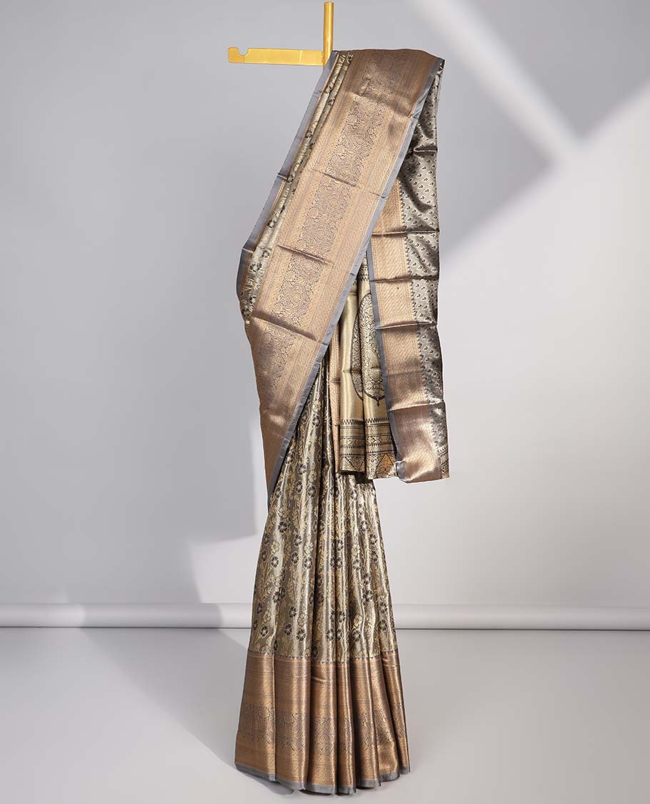 Grey floral jacquard budget silk saree with contrast floral zari border & paisley, floral zari design pallu