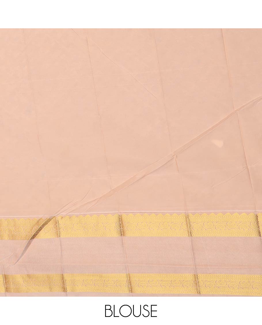 Brown zari buttas and striped gift saree, contrast traditional zari rettai pettu border, and jaal pallu