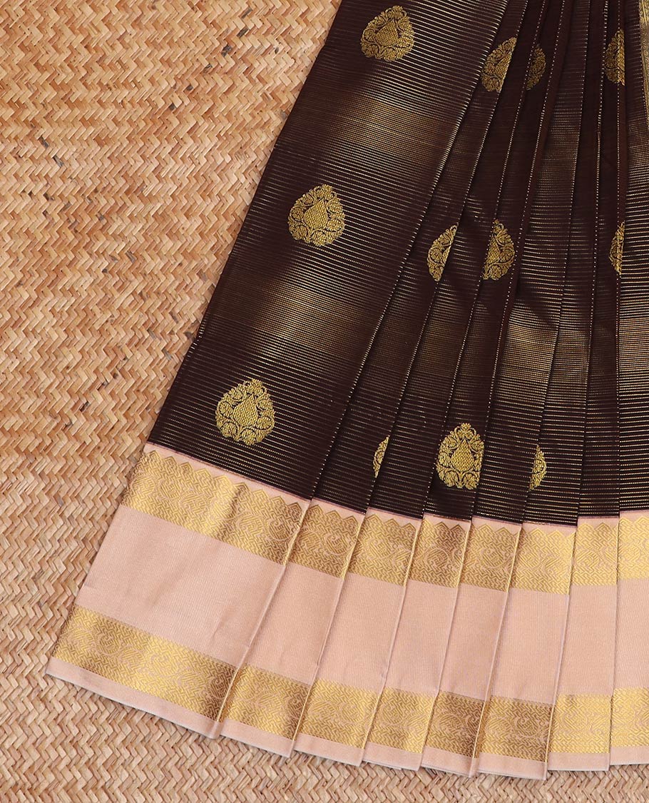 Brown zari buttas and striped gift saree, contrast traditional zari rettai pettu border, and jaal pallu