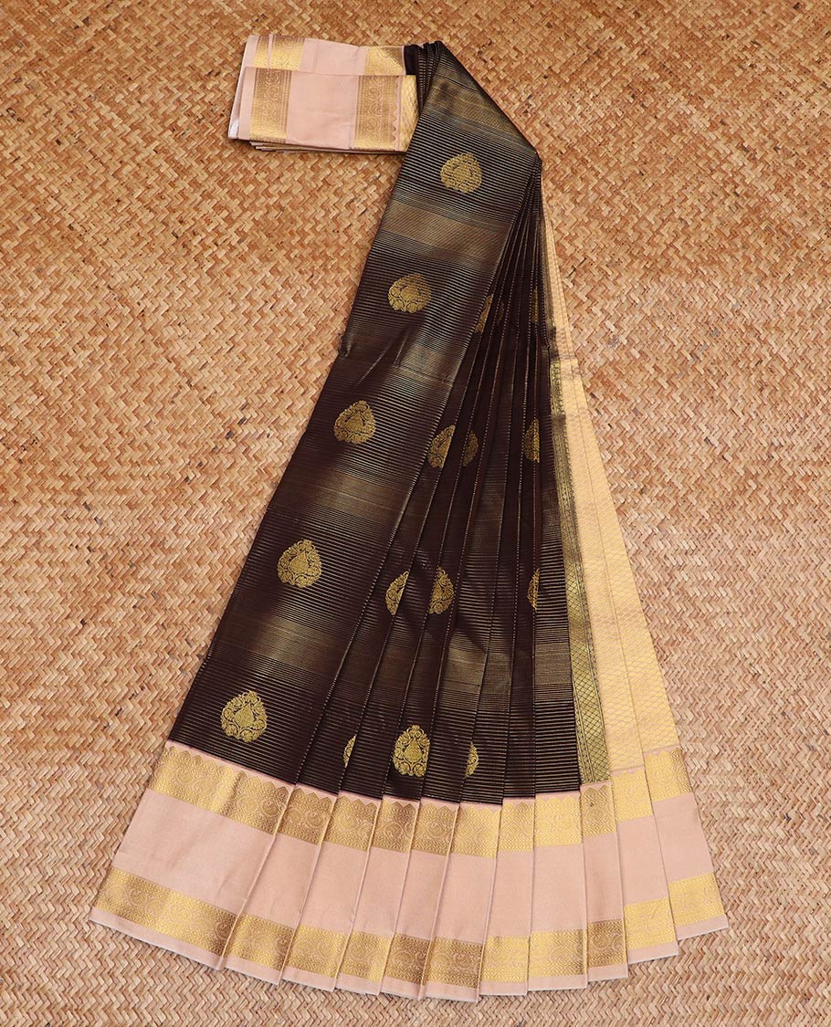 Brown zari buttas and striped gift saree, contrast traditional zari rettai pettu border, and jaal pallu