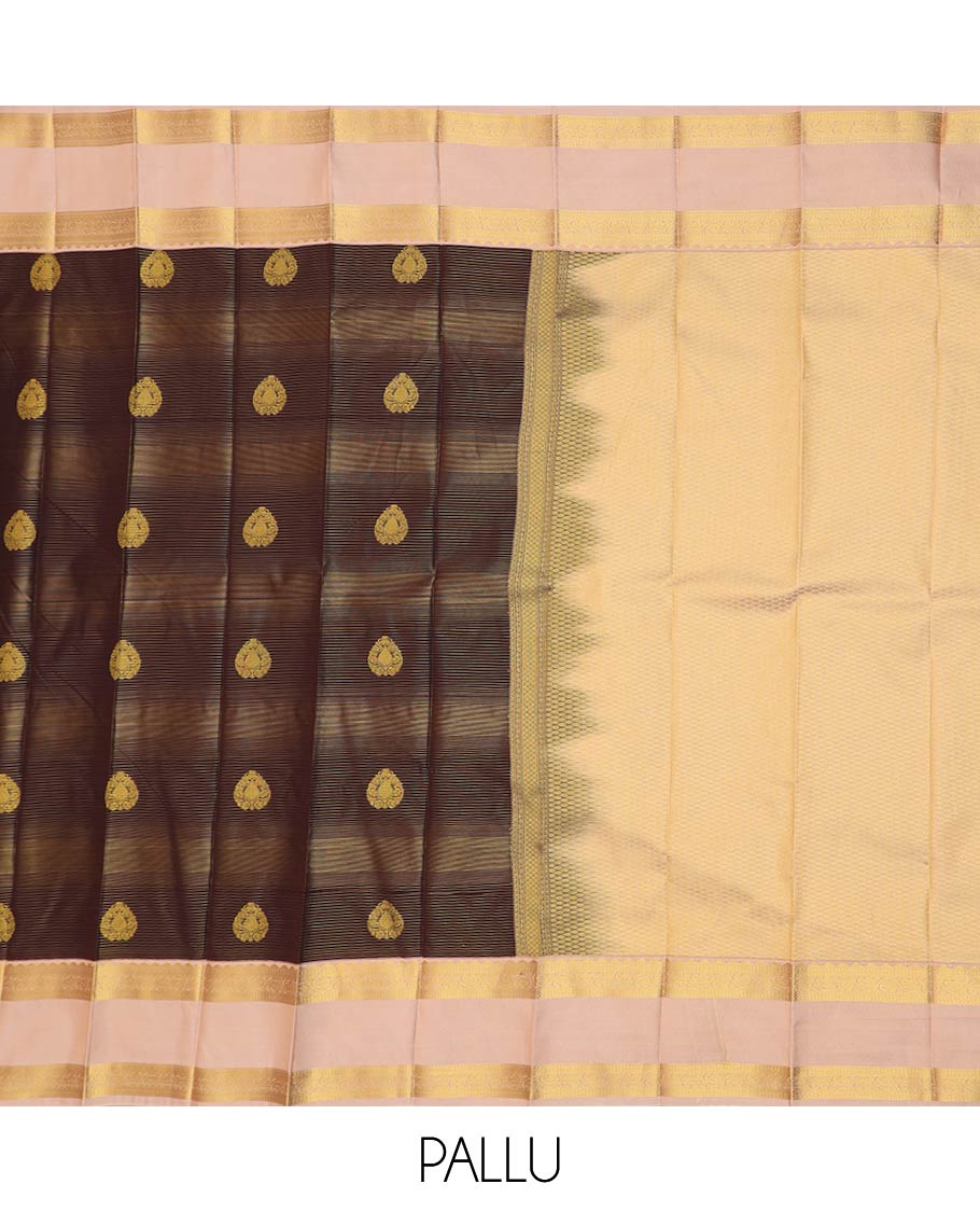 Brown zari buttas and striped gift saree, contrast traditional zari rettai pettu border, and jaal pallu