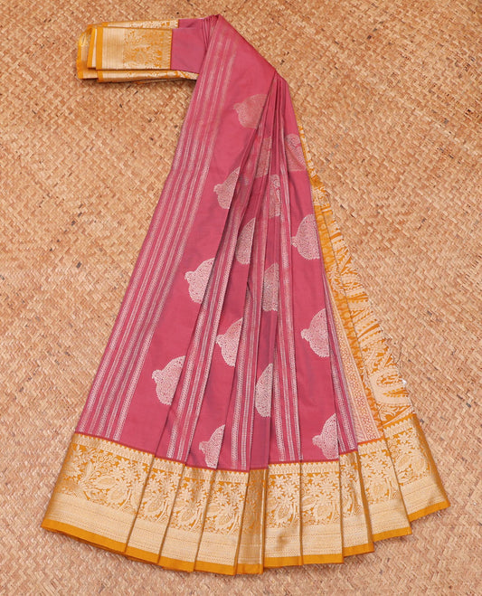 Pink striped and paisley buttas budget silk saree, contrast traditional zari design border, and pallu steeped with paisleys