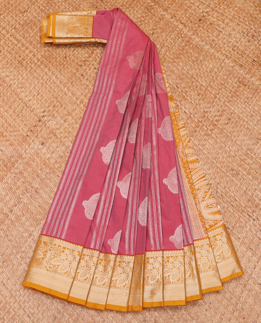 Pink striped and paisley buttas budget silk saree, contrast traditional zari design border, and pallu steeped with paisleys