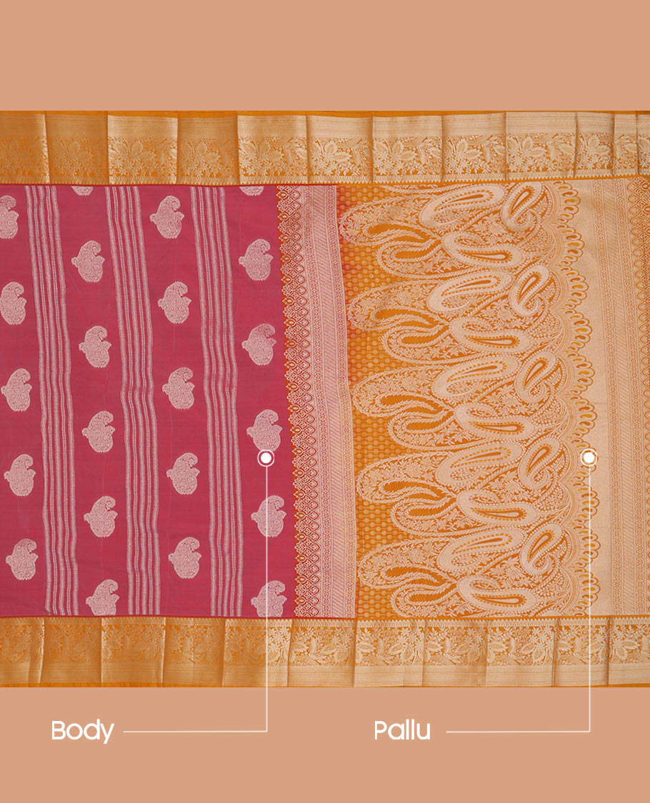 Pink striped and paisley buttas budget silk saree, contrast traditional zari design border, and pallu steeped with paisleys