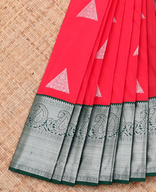 Red Budget Silk Saree, Beautified with Zari Buttas on Its Body, Complemented by a Contrast Traditional Zari Design Border, Pallu of Jaal Patterns, and Paired with a Contrast Blouse