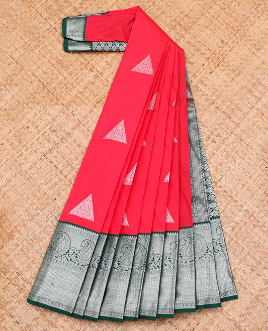Red Budget Silk Saree, Beautified with Zari Buttas on Its Body, Complemented by a Contrast Traditional Zari Design Border, Pallu of Jaal Patterns, and Paired with a Contrast Blouse