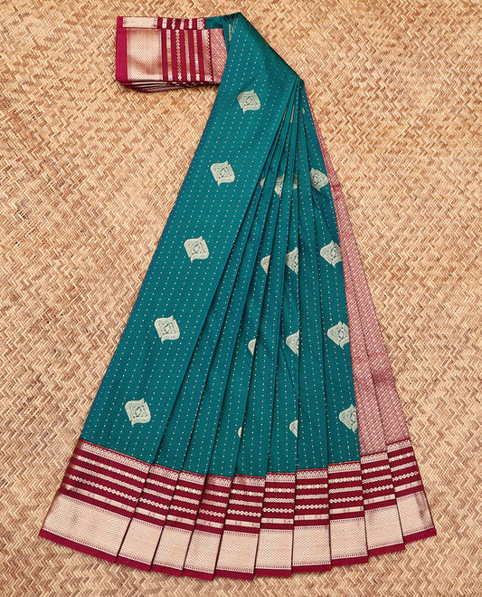 Green Budget Silk Saree, Adorned with Zari Buttas, Complemented by a Contrast Traditional Zari Border, Jaal Pallu, and a Contrast Blouse
