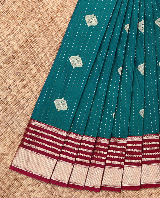 Green Budget Silk Saree, Adorned with Zari Buttas, Complemented by a Contrast Traditional Zari Border, Jaal Pallu, and a Contrast Blouse
