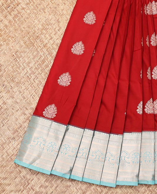 Rust Budget Silk Saree, Detailed with Zari Buttas, Complemented by Contrast Traditional Zari Border, Grand Pallu, and a Contrast Blouse