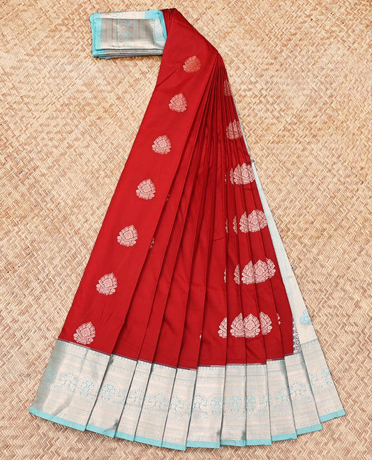 Rust Budget Silk Saree, Detailed with Zari Buttas, Complemented by Contrast Traditional Zari Border, Grand Pallu, and a Contrast Blouse