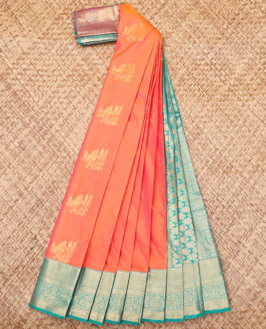 Orange Budget Silk Saree, Detailed with Zari Buttas, Complemented by a Contrast Traditional Zari Border, Grand Pallu, and a Contrast Blouse