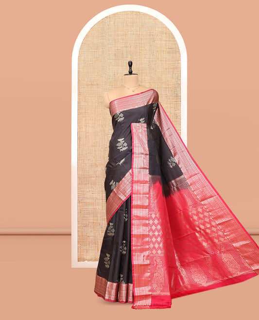 Brown Budget Silk Saree, Delicately Woven with Zari Buttas, Complemented by Contrast Traditional Zari Border, Pallu of Jaal and Paisleys, and Contrast Blouse