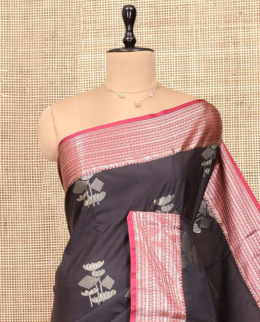 Brown Budget Silk Saree, Delicately Woven with Zari Buttas, Complemented by Contrast Traditional Zari Border, Pallu of Jaal and Paisleys, and Contrast Blouse