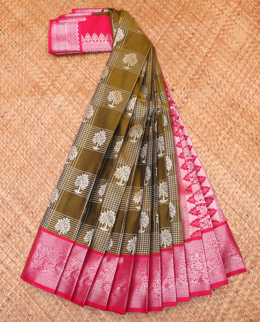 Green Budget Silk Saree, Spotlighted by Zari Butta Enclosed Checks On Its Body, Complemented by Contrast Traditional Zari Designs Woven Border, Grand Pallu and Paired with a Contrast Blouse