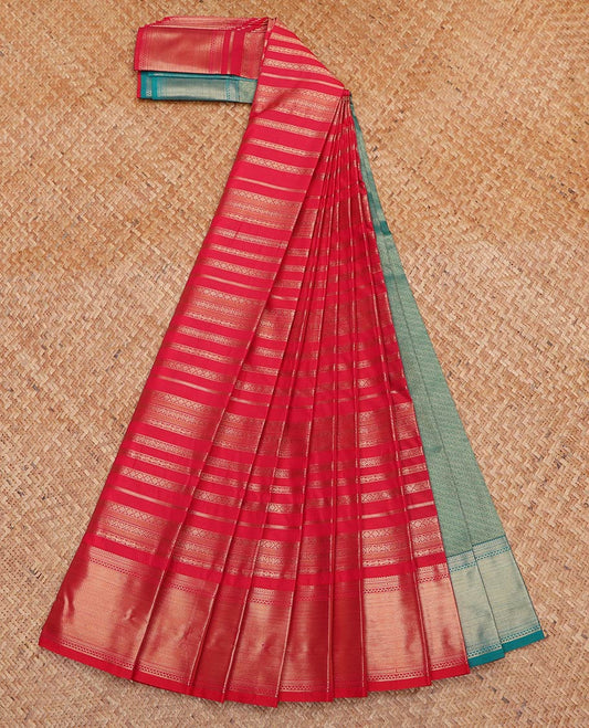 Red Budget Silk Saree, Finely Crafted with Zari Stripes All Over Its Body, Highlighted by Traditional Zari Designs Woven Border, Contrast Grand Pallu, and Paired with a Contrast Blouse