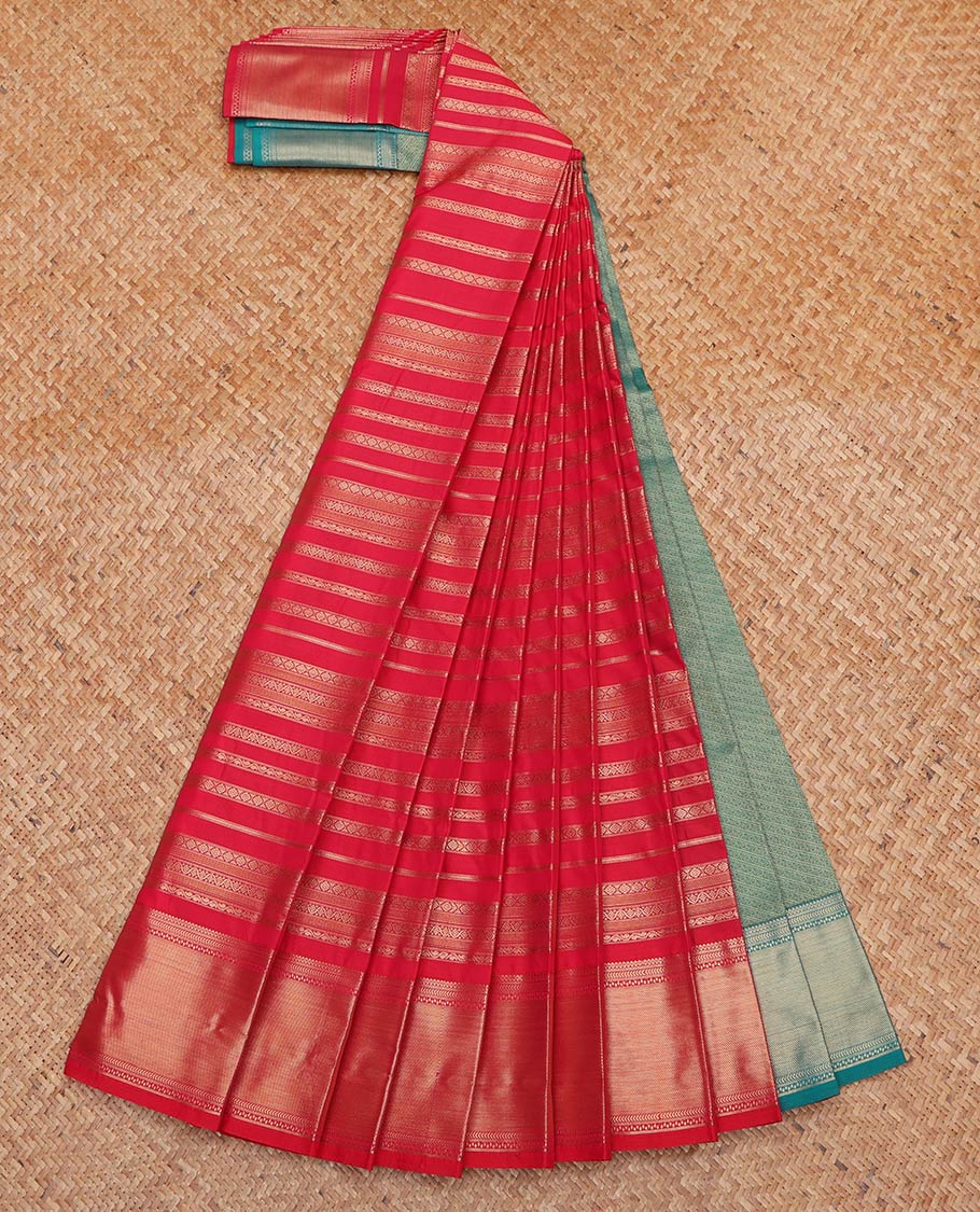 Red Budget Silk Saree, Finely Crafted with Zari Stripes All Over Its Body, Highlighted by Traditional Zari Designs Woven Border, Contrast Grand Pallu, and Paired with a Contrast Blouse
