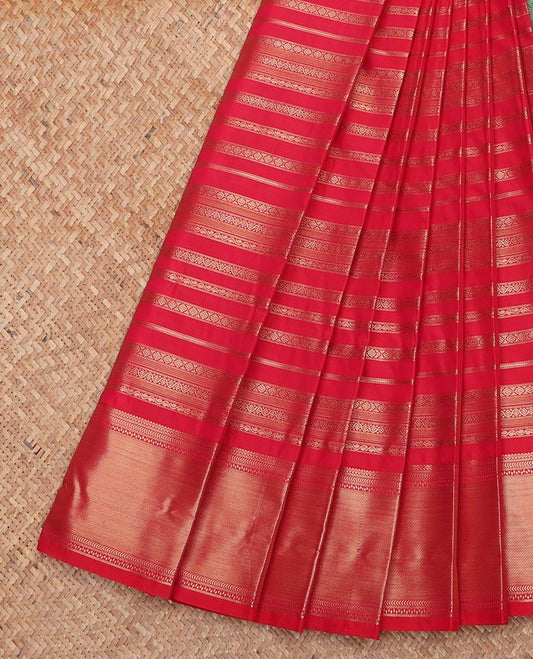 Red Budget Silk Saree, Finely Crafted with Zari Stripes All Over Its Body, Highlighted by Traditional Zari Designs Woven Border, Contrast Grand Pallu, and Paired with a Contrast Blouse