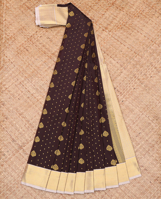 Brown Budget Silk Saree, Adorned with Zari Buttas on Its Body, Complemented by a Contrast Traditional Zari Design Woven Rettai Pettu Border, Gleaming Jaal-Patterned Pallu, and Paired with a Contrast Blouse