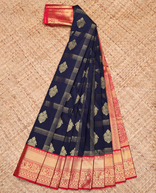 Navy Blue Budget Silk Saree, Embellished with Zari Buttas All Over Its Body, Complemented by a Contrast Traditional Zari Design Border, Grand Pallu, and Paired with a Contrast Blouse