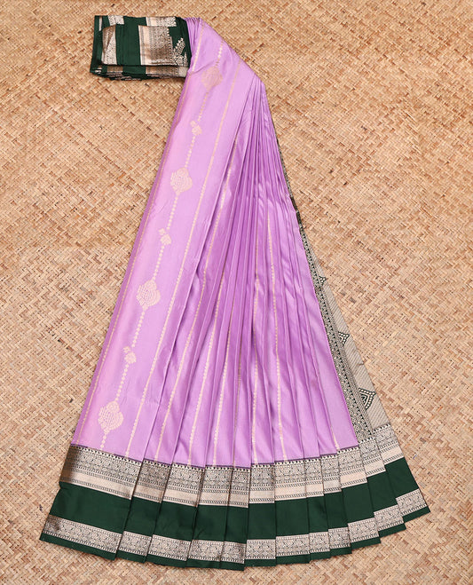 Pink Budget Silk Saree, Woven with Zari Stripes, Complemented by a Contrast Traditional Zari Rettai Pettu Border, Intricately Designed Pallu, and a Contrast Blouse