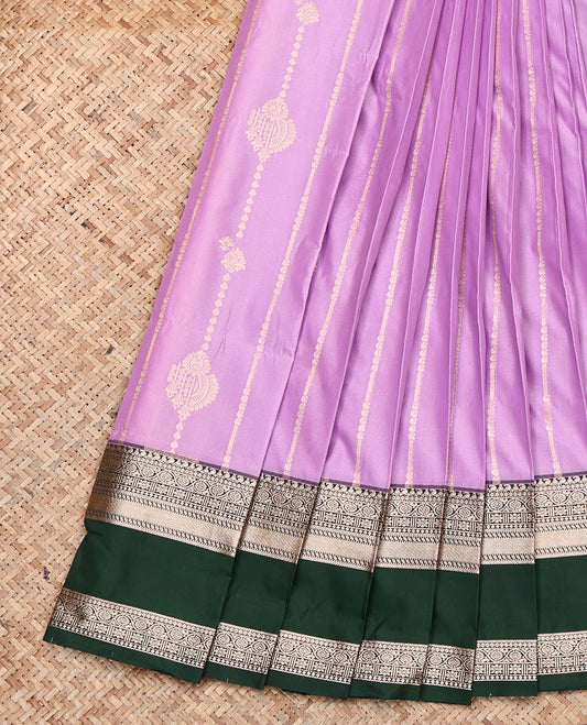 Pink Budget Silk Saree, Woven with Zari Stripes, Complemented by a Contrast Traditional Zari Rettai Pettu Border, Intricately Designed Pallu, and a Contrast Blouse